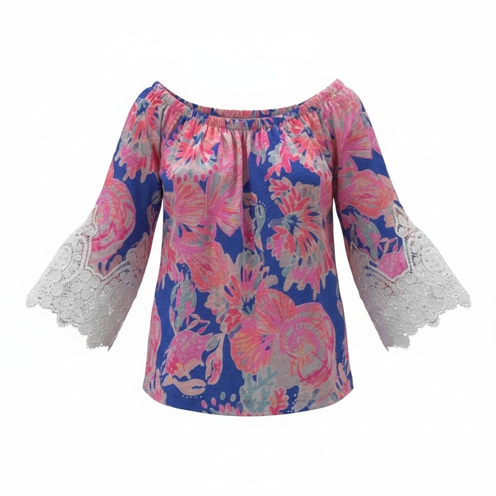 Lilly Pulitzer Womens Blue Pink Tropical Sea Life Lace Bell Sleeve Knit Top L